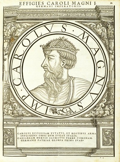 Carolus Magnus, illustration from Imperatorum Romanorum Omnium Orientalium et Occidentalium Verissimae Imagines ex Antiquis Numismatis by Hans Rudolf Manuel Deutsch